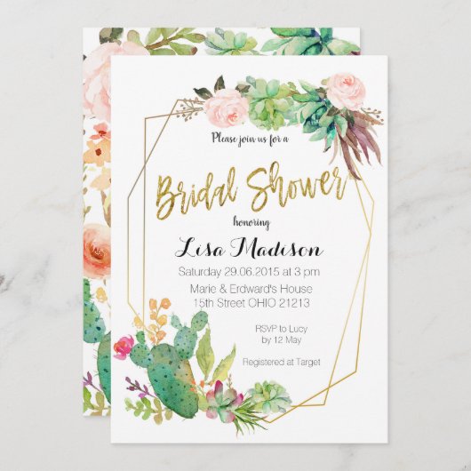 Succulent Geometric Lijst Bridal Shower Invitation Kaart (Voorkant / Achterkant)