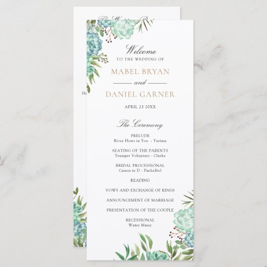 Succulent Geometric Lijst Greenery Wedding Program Programmakaart (Voorkant / Achterkant)