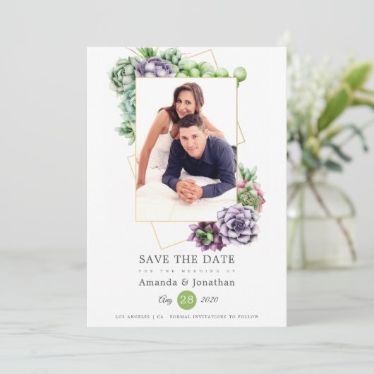Succulent Geometric Photo Wedding Save The Date (Staand voorkant)