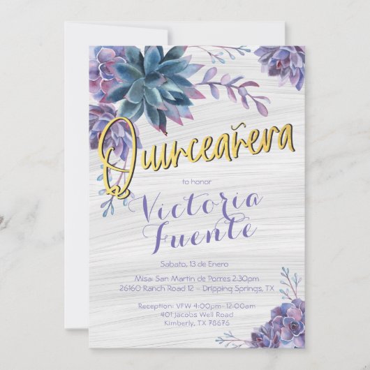 Succulent Gold Foil Waterverf Quinceañera Kaart (Voorkant)