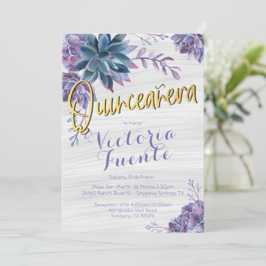 Succulent Gold Foil Waterverf Quinceañera Kaart (Staand voorkant)