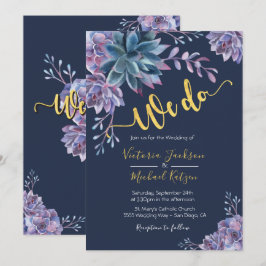 Succulent Gold Navy Waterverf Huwelijksuitnodiging Kaart