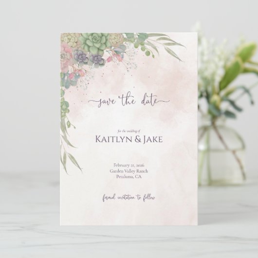 Succulent Green and Blush Save the Date (Staand voorkant)