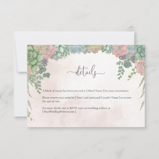Succulent Green and Blush Wedding Details Card Bedankkaart (Voorkant)
