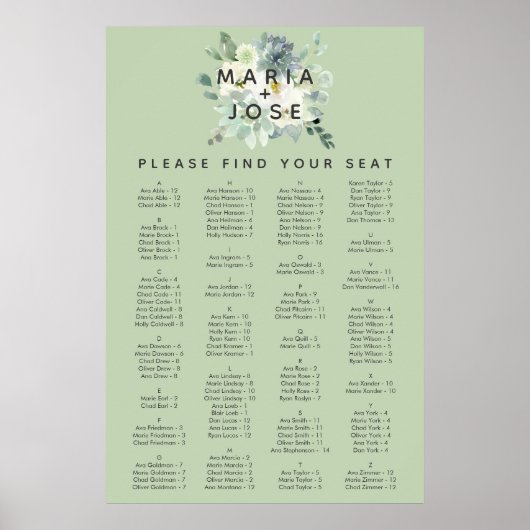 Succulent Greenery Alfabetical Seating Chart Poster (Voorkant)