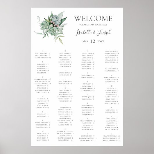 Succulent Greenery | Alfabetische zitplaats Poster (Voorkant)