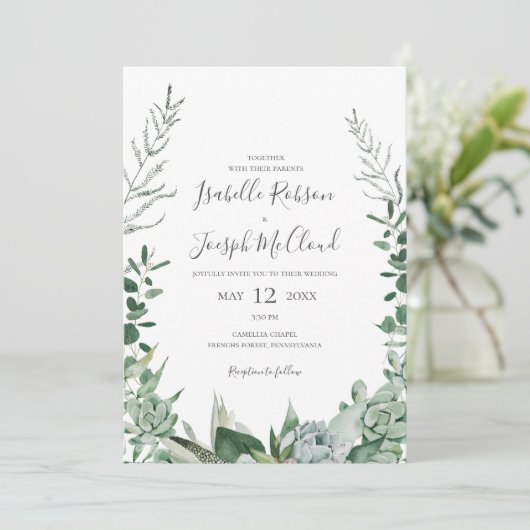 Succulent Greenery | Alles in één bruiloft Kaart (Staand voorkant)