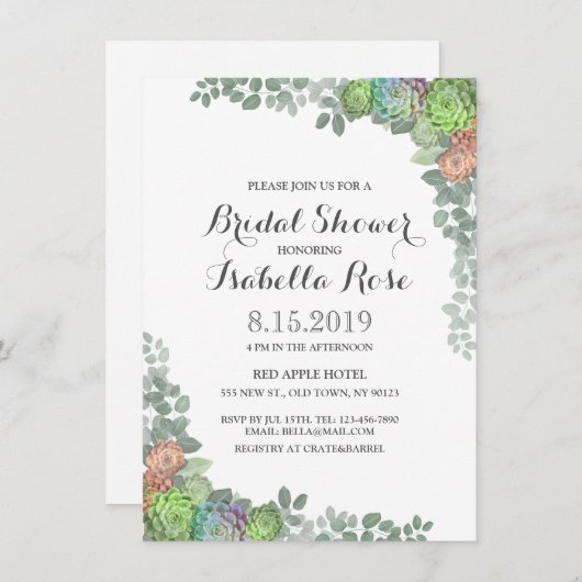 Succulent Greenery Bridal Shower Invitations Kaart (Voorkant / Achterkant)