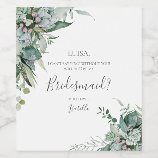 Succulent Greenery Bridesmaid Voorstel Wijnlabel Wijn Etiket (Enkel label)