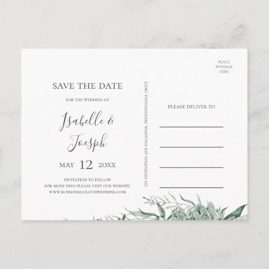 Succulent Greenery | Briefkaart Datum opslaan (Achterkant)