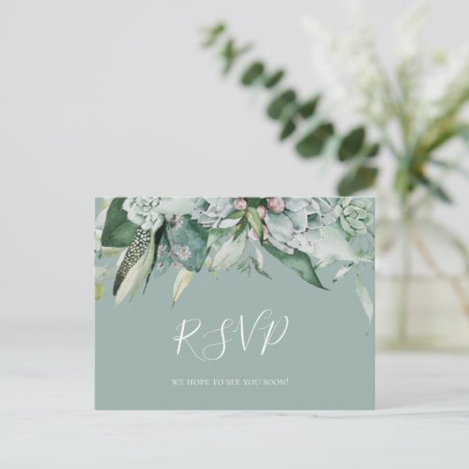 Succulent Greenery | Briefkaart Sage Wedding RSVP (Staand voorkant)