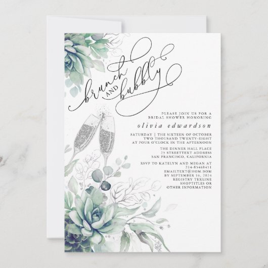 Succulent Greenery Brunch en Bubble Vrijgezellenfe Kaart (Voorkant)