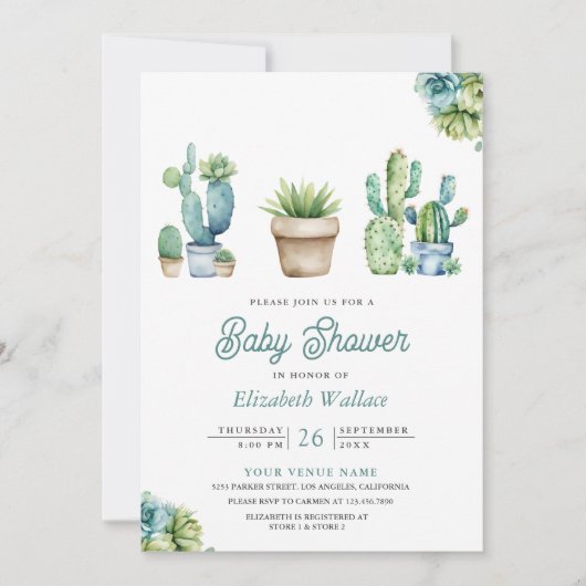 Succulent Greenery Cactus Pots Baby shower Kaart (Voorkant)