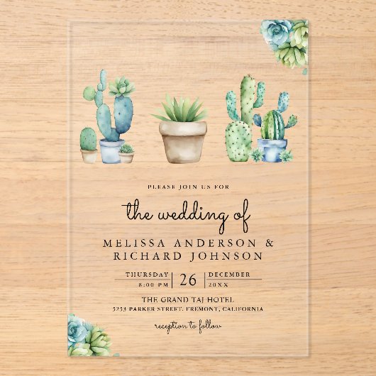 Succulent Greenery Cactus Pots Wedding Acryl Uitnodigingen (Voorkant)