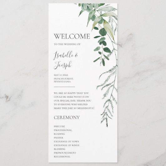 Succulent Greenery Dark Green Flat Wedding Program Programmakaart (Voorkant)