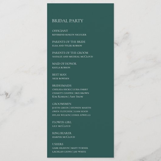 Succulent Greenery Dark Green Flat Wedding Program Programmakaart (Achterkant)