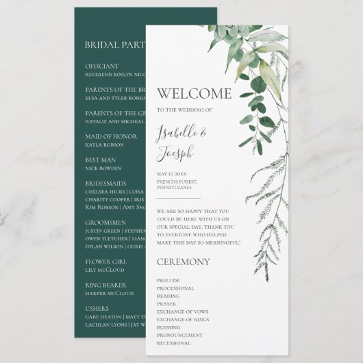 Succulent Greenery Dark Green Flat Wedding Program Programmakaart (Voorkant / Achterkant)