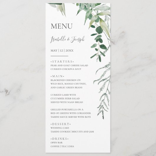 Succulent Greenery Dark Green Wedding Dinner Menu (Voorkant)