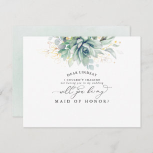Succulent Greenery Gold Leaf Bridesmaid Voorstel Kaart