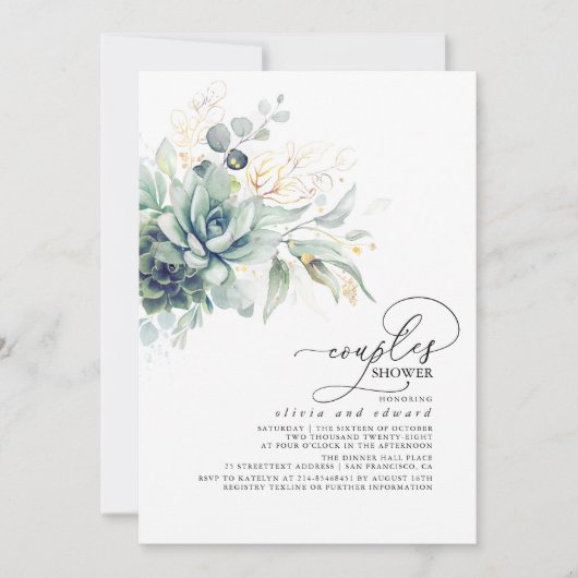 Succulent Greenery Gold Leaves Boho Couples Shower Kaart (Voorkant)