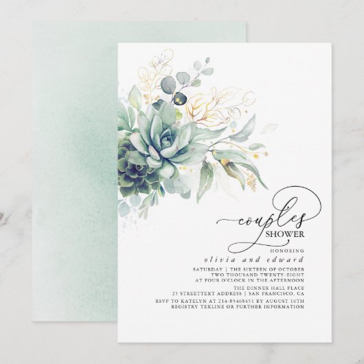 Succulent Greenery Gold Leaves Boho Couples Shower Kaart (Voorkant / Achterkant)