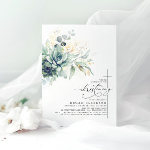 Succulent Greenery Gold Leaves Elegant Christening Kaart