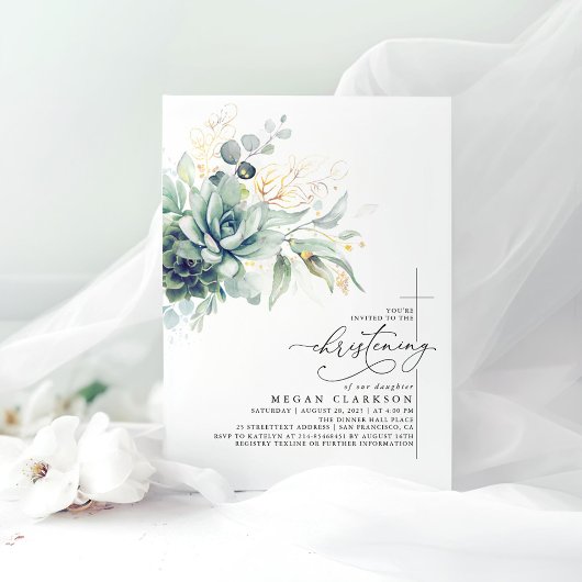 Succulent Greenery Gold Leaves Elegant Christening Kaart
