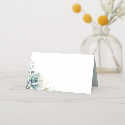 Succulent Greenery Gold Leaves Wedding Place Card Plaatskaartje (Voorkant)