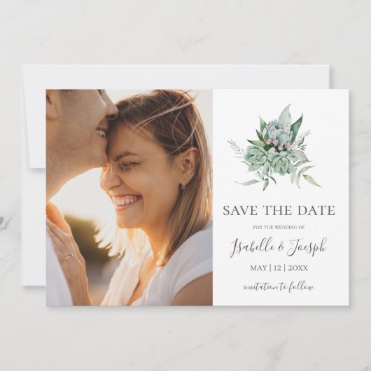 Succulent Greenery | Horizontale foto Sage Green Save The Date (Voorkant)