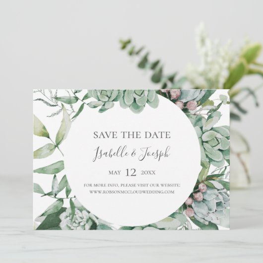 Succulent Greenery Horizontale Foto sparen de Datu Save The Date (Staand voorkant)