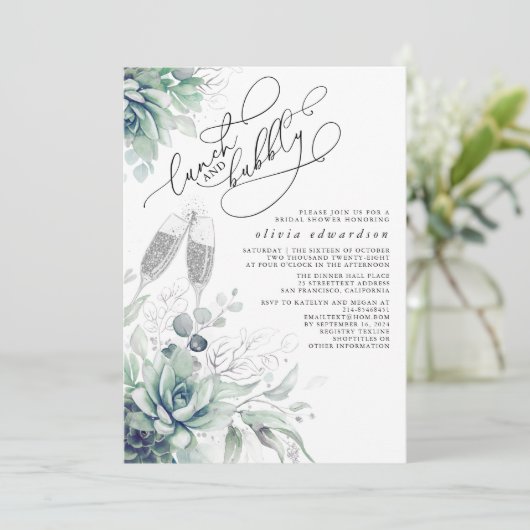 Succulent Greenery Lunch en Bubble Vrijgezellenfee Kaart (Staand voorkant)