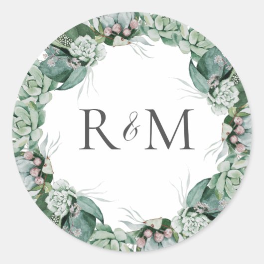 Succulent Greenery | Monogram envelop Ronde Sticker (Voorkant)