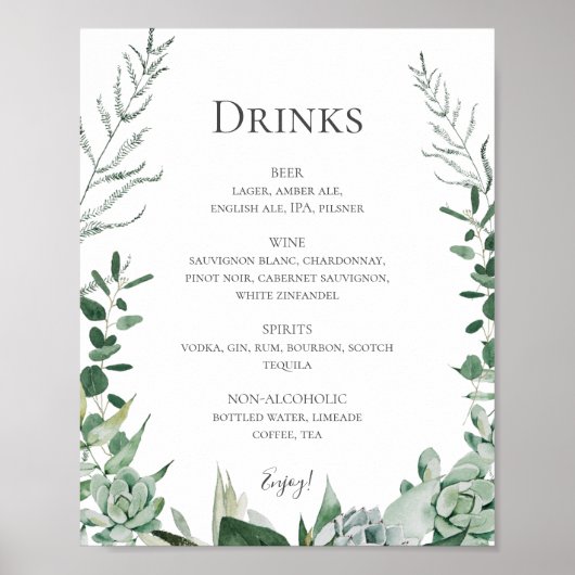 Succulent Greenery | Onderteken van het menu Drink Poster (Voorkant)