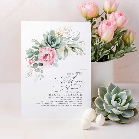 Succulent Greenery Pink Flowers Gold Baptisme Kaart