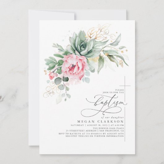 Succulent Greenery Pink Flowers Gold Baptisme Kaart (Voorkant)