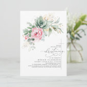 Succulent Greenery Pink Flowers Modern Christening Kaart (Staand voorkant)