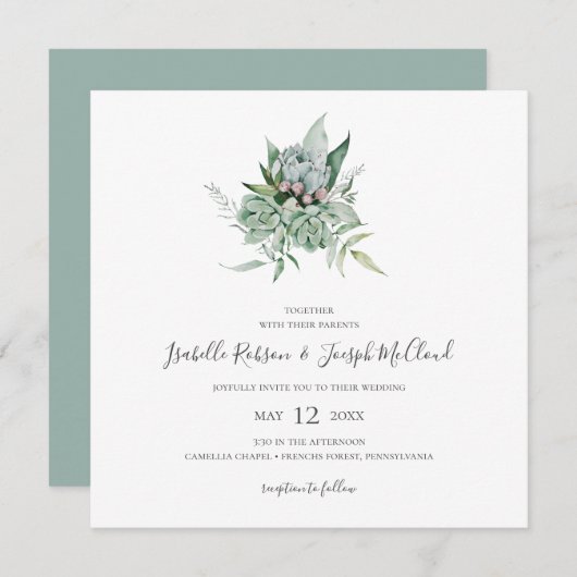 Succulent Greenery | Sage Green Square Wedding Kaart (Voorkant / Achterkant)