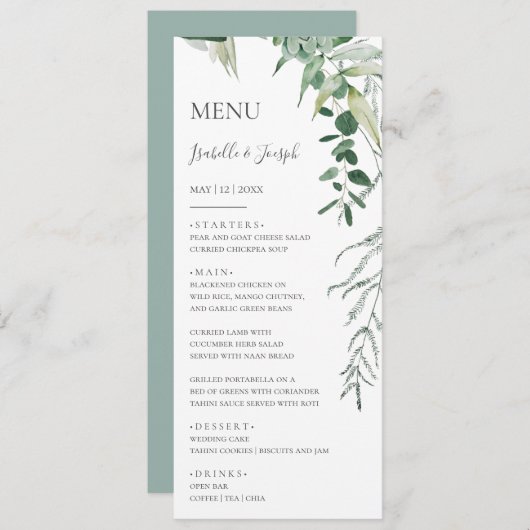 Succulent Greenery Sage Green Wedding Dinner Menu (Voorkant / Achterkant)