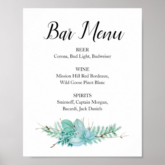 Succulent Greenery Wedding Bar Menu Drink Sign Poster (Voorkant)