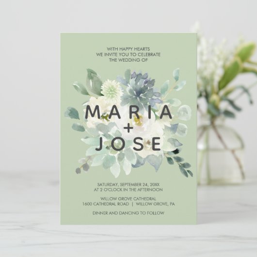 Succulent Greenery Wedding Invitation Kaart (Staand voorkant)