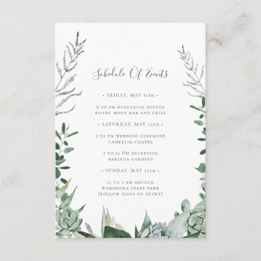 Succulent Greenery Wedding Schedule of Events Kaar Informatiekaartje (Voorkant)