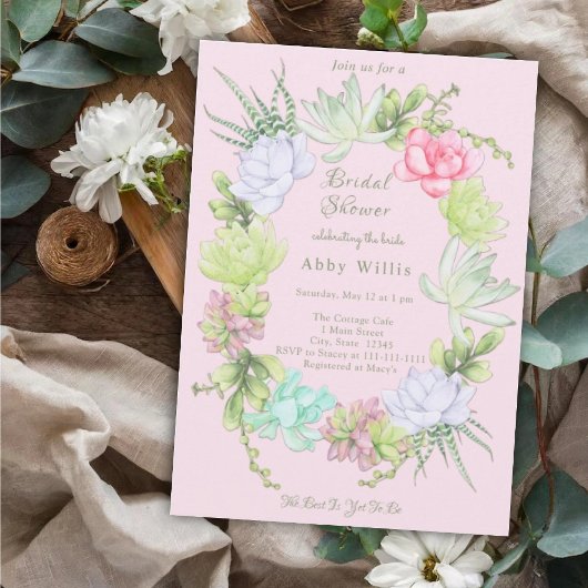 Succulent Greenery Wreath Bridal Shower  Invitatio Kaart
