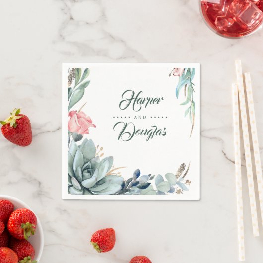 Succulent groen blad en roze rozenbloem servet (Insitu)