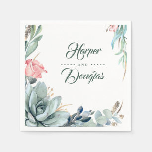 Succulent groen blad en roze rozenbloem servet