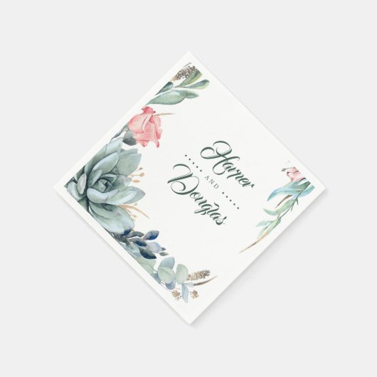 Succulent groen blad en roze rozenbloem servet (Hoek)