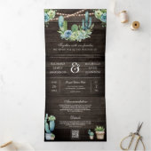 Succulent Groen Cactus Hout QR Code Huwelijk Drieluik Uitnodiging (Binnen)