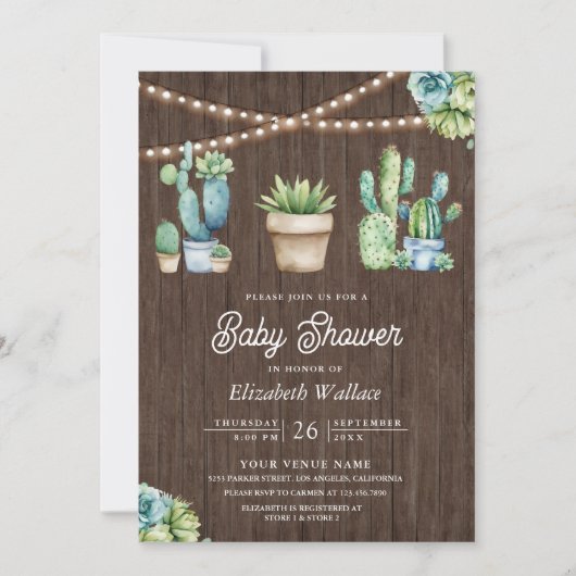 Succulent Groen Cactus Pots Hout Baby shower Kaart (Voorkant)