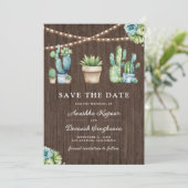 Succulent Groen Cactus Pots Hout Fotobruiloft Save The Date (Staand voorkant)