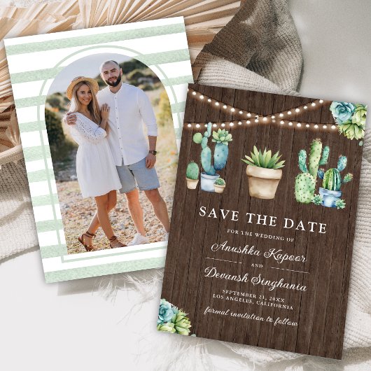 Succulent Groen Cactus Pots Hout Fotobruiloft Save The Date