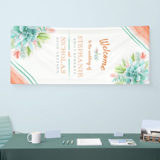 Succulent groen sinaasappel bruiloft kunst welkom  spandoek (Beurs)